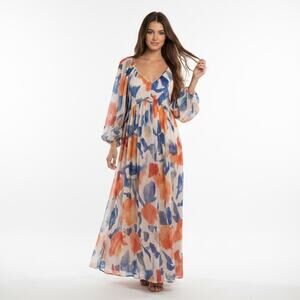 Sheer Watercolor Long Balloon Sleeve Maxi Dress Small Cover Up Resort Summer